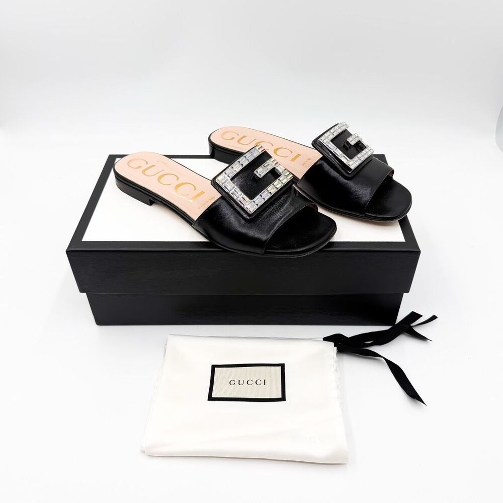 Gucci GG Madelyn Leather Flat Mule Sandals Crystal Embellished EU 37 US 7